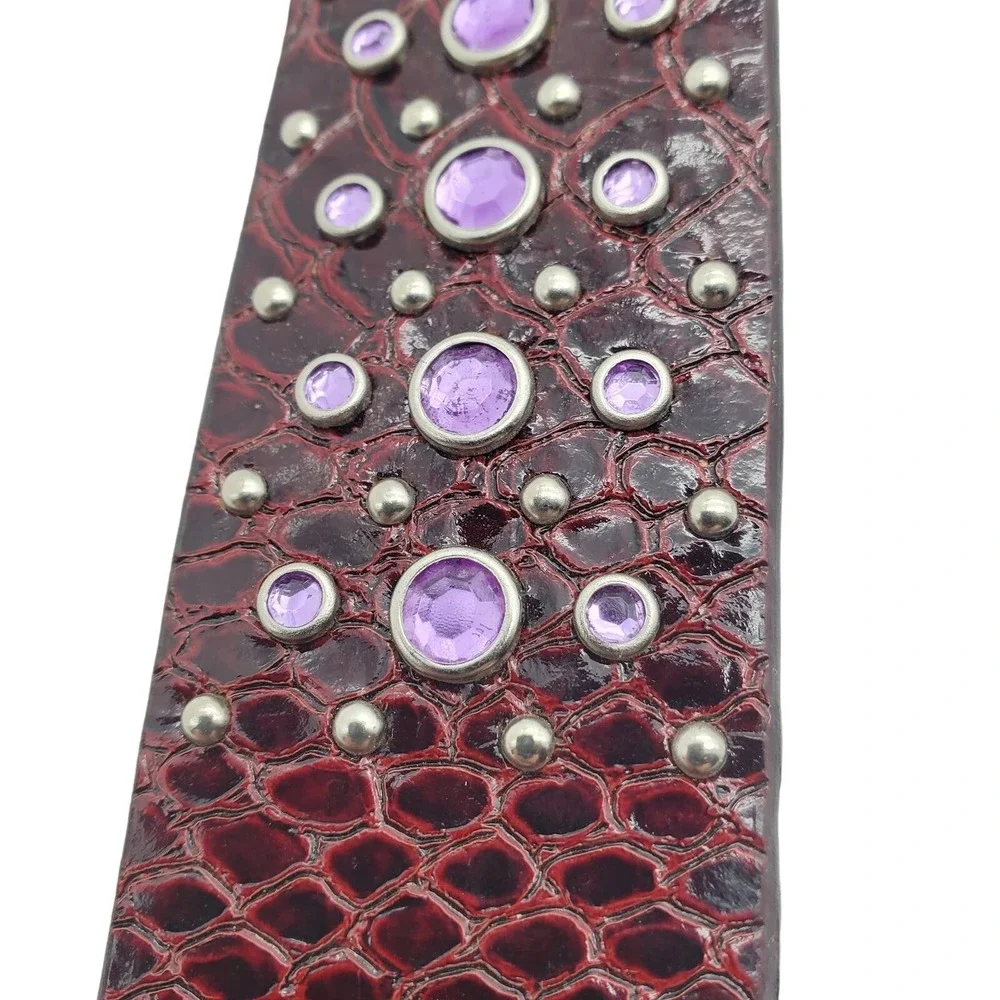 Ariat Burgundy Leather Belt 32 Lavender Crystal Reptile Print Silver Tone Buckle